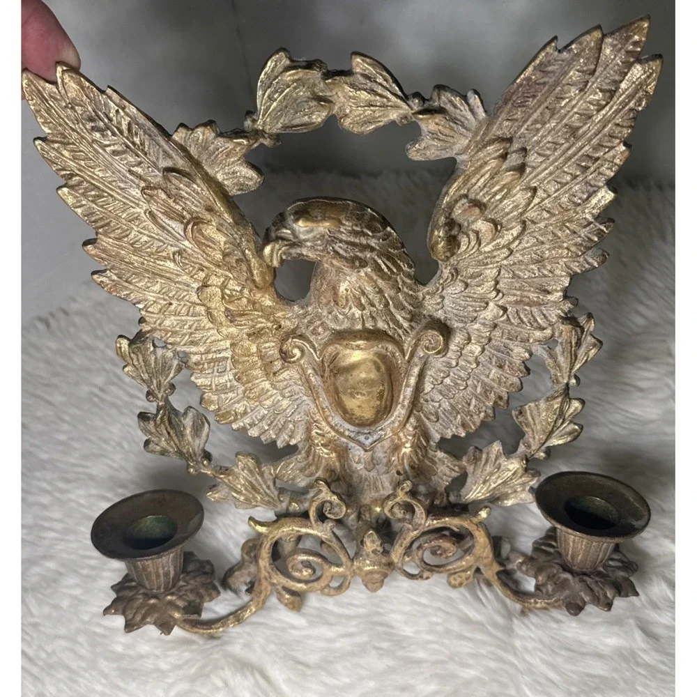Vintage Brass Eagle Wall Scroll Sconce Candlestick Hollywood Regency Pair 2 MCM